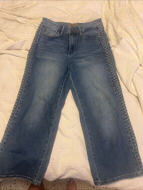 Judy Blue Braided-Trim Wide Leg Jeans in Medium Blue Wash